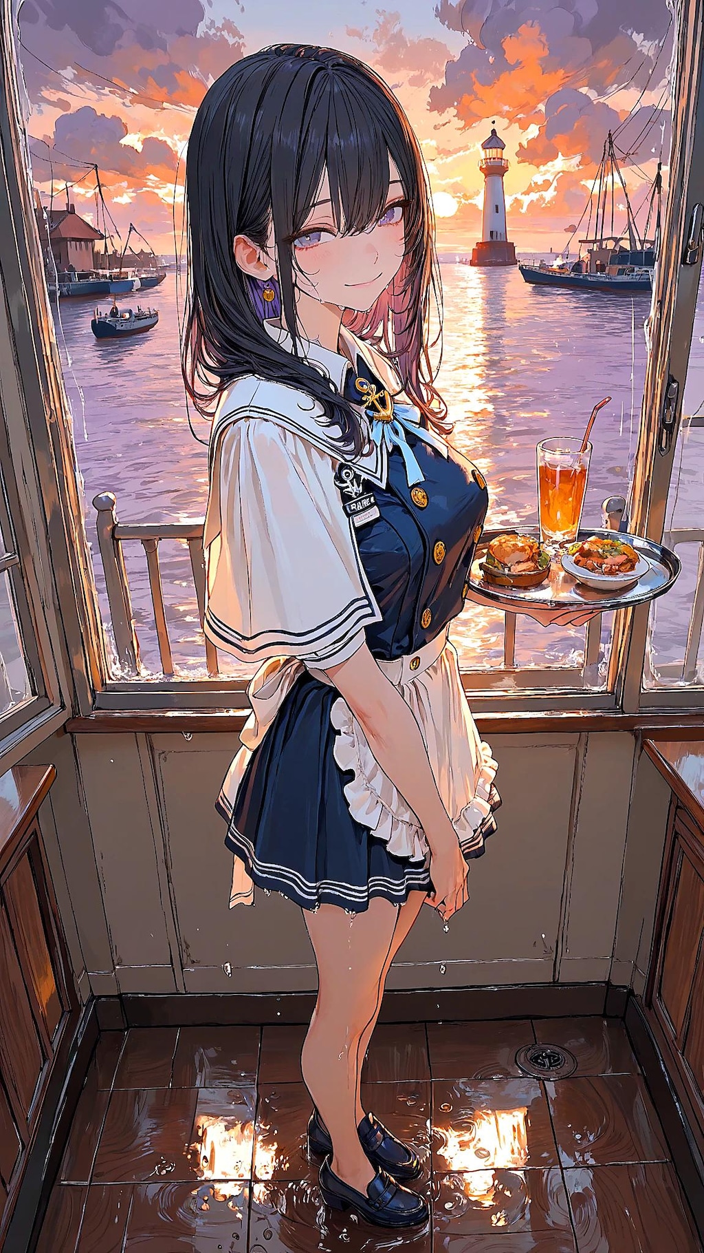 灯台の見える港カフェ店員