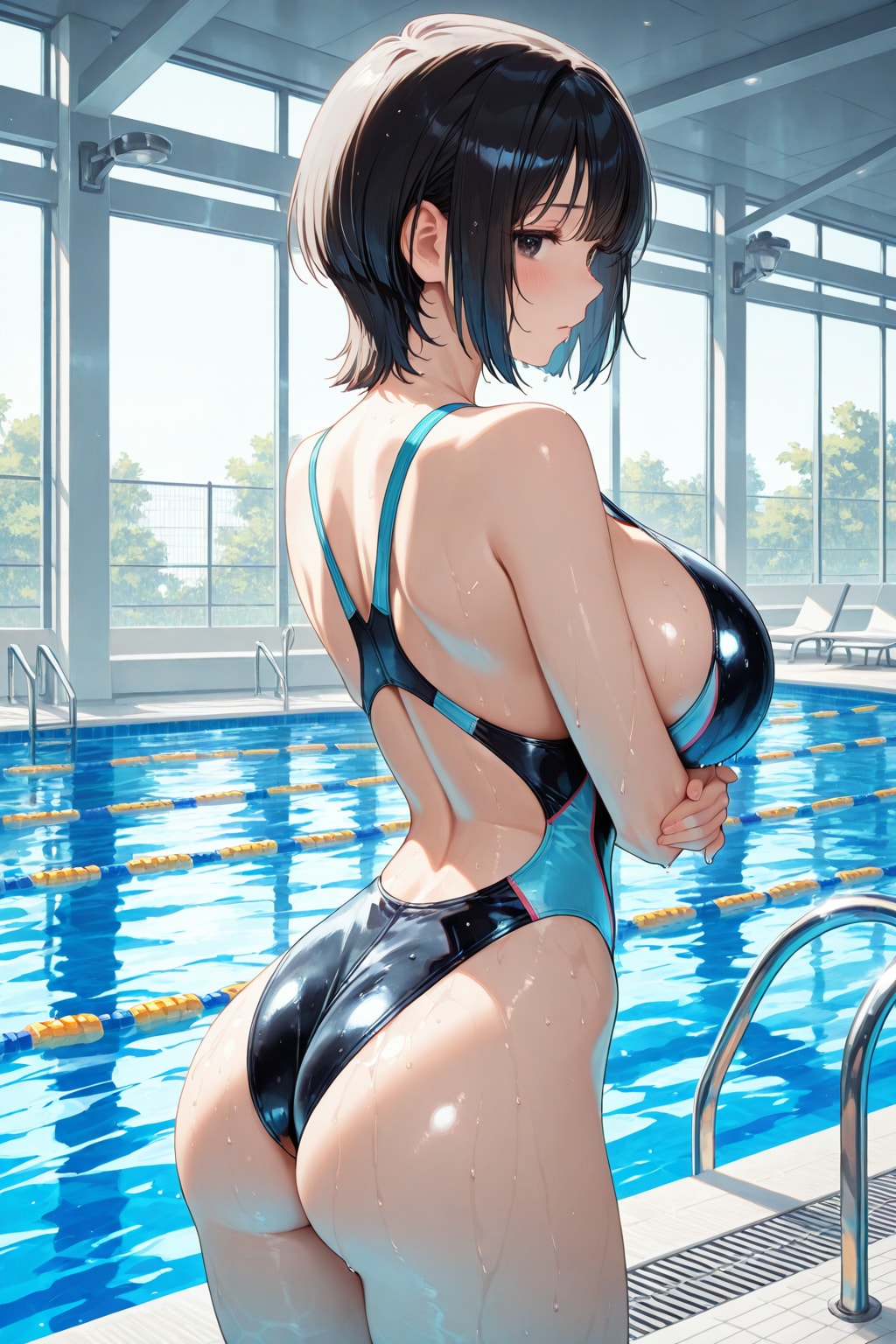グラマーな女の子がサイズの小さい競泳水着を着ると