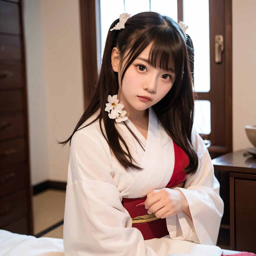 黒髪ツインテで巫女服の美女