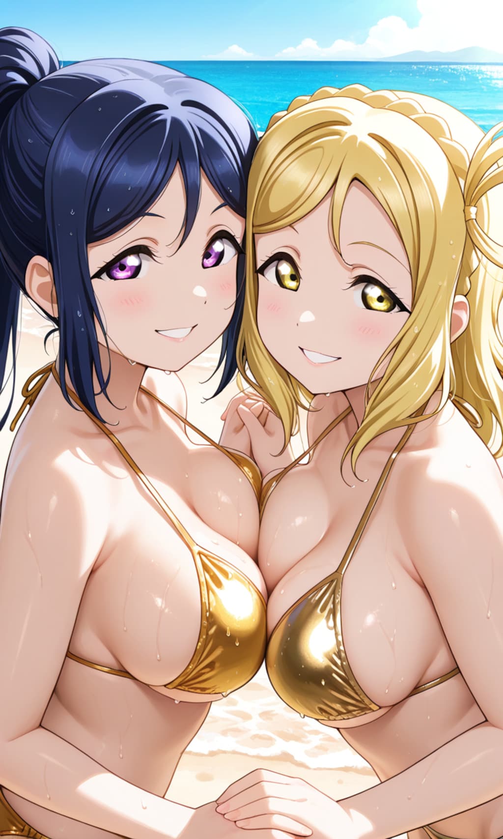 果南＆鞠莉のゴールドビキニで誘惑でハグ👙🏖️😍❤️