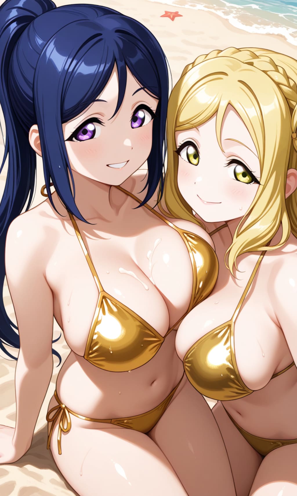 果南＆鞠莉のゴールドビキニで誘惑でハグ👙🏖️😍❤️
