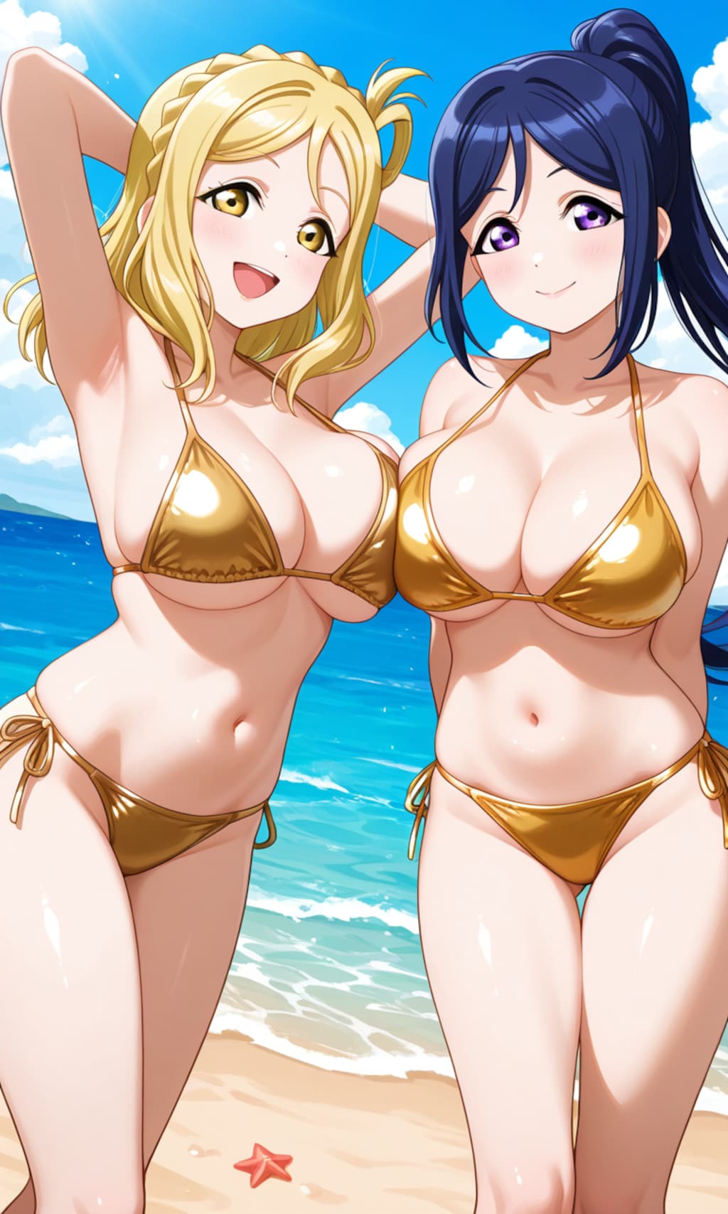 果南＆鞠莉のゴールドビキニで誘惑でハグ👙🏖️😍❤️
