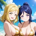 果南＆鞠莉のゴールドビキニで誘惑でハグ👙🏖️😍❤️ 3枚目