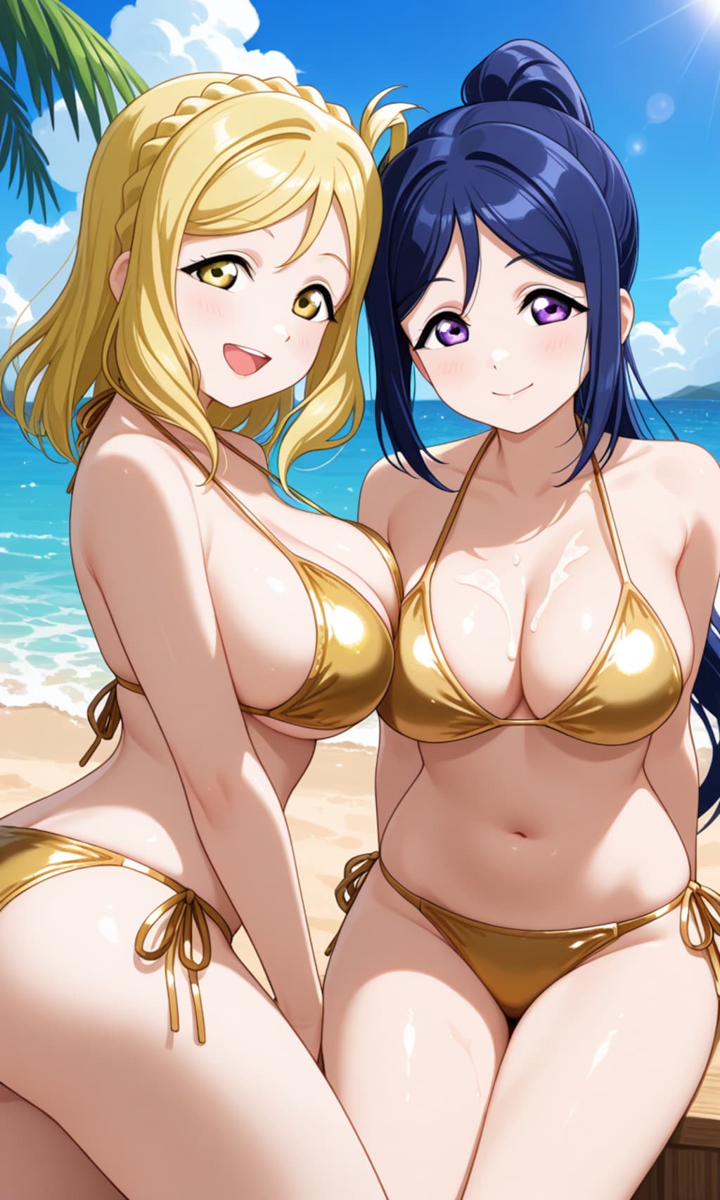 果南＆鞠莉のゴールドビキニで誘惑でハグ👙🏖️😍❤️