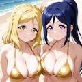 果南＆鞠莉のゴールドビキニで誘惑でハグ👙🏖️😍❤️ 2枚目