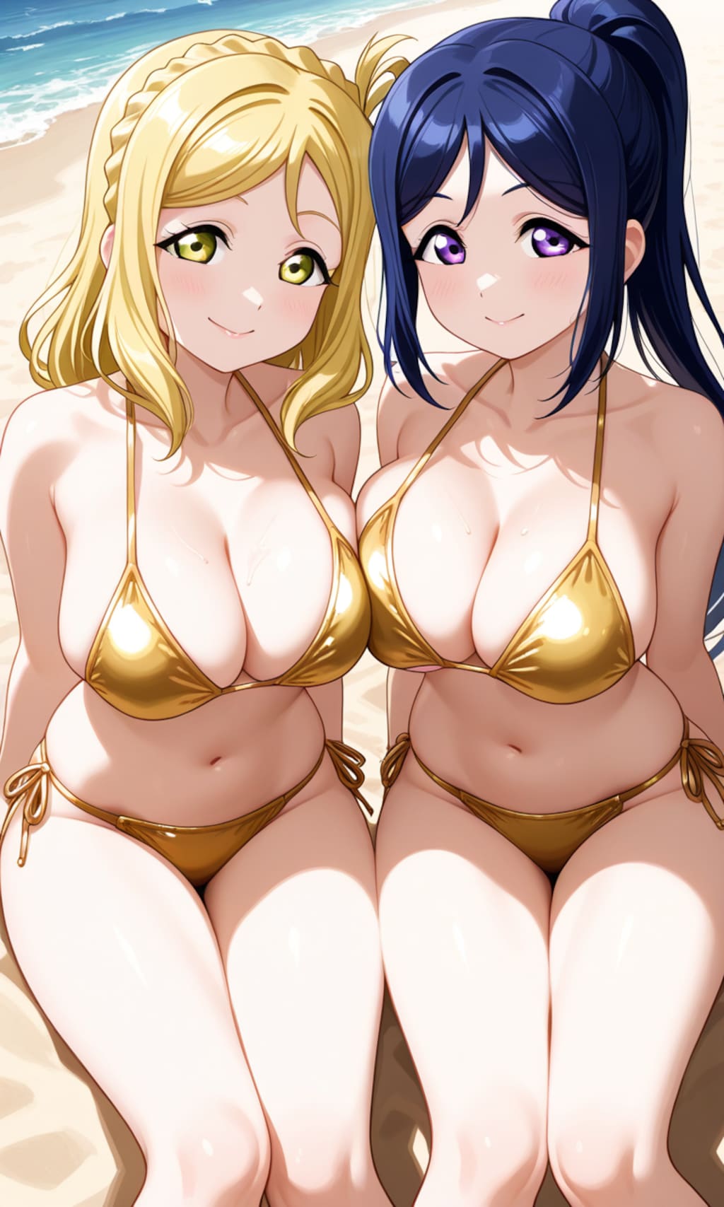 果南＆鞠莉のゴールドビキニで誘惑でハグ👙🏖️😍❤️