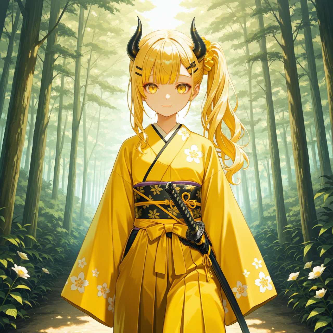 森の道を歩く和装女鬼高生さん