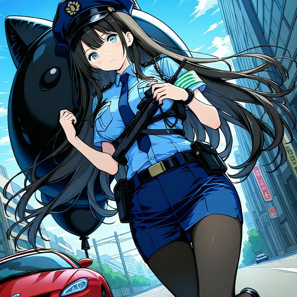 黒い巨大キャラ風船を持つ黒髪ロングの婦警さん | の人気AIイラスト・グラビア