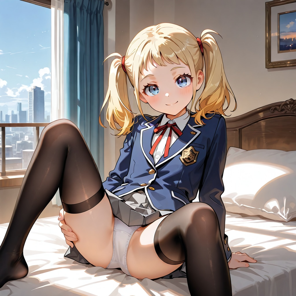 金髪ツインテJK莉奈のベッドで黒ニーハイ♡
