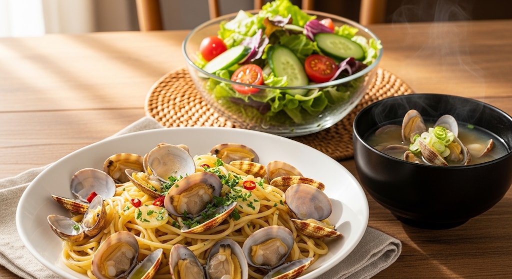 摩訶不思議食堂のボンゴレビアンゴとシジミ汁のシジミセット