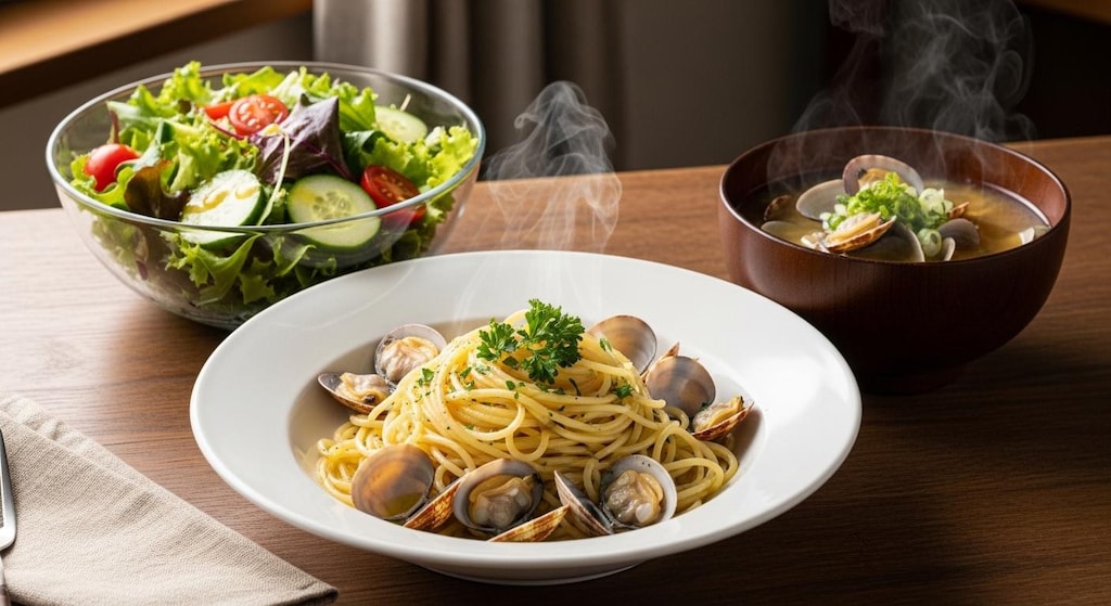 摩訶不思議食堂のボンゴレビアンゴとシジミ汁のシジミセット