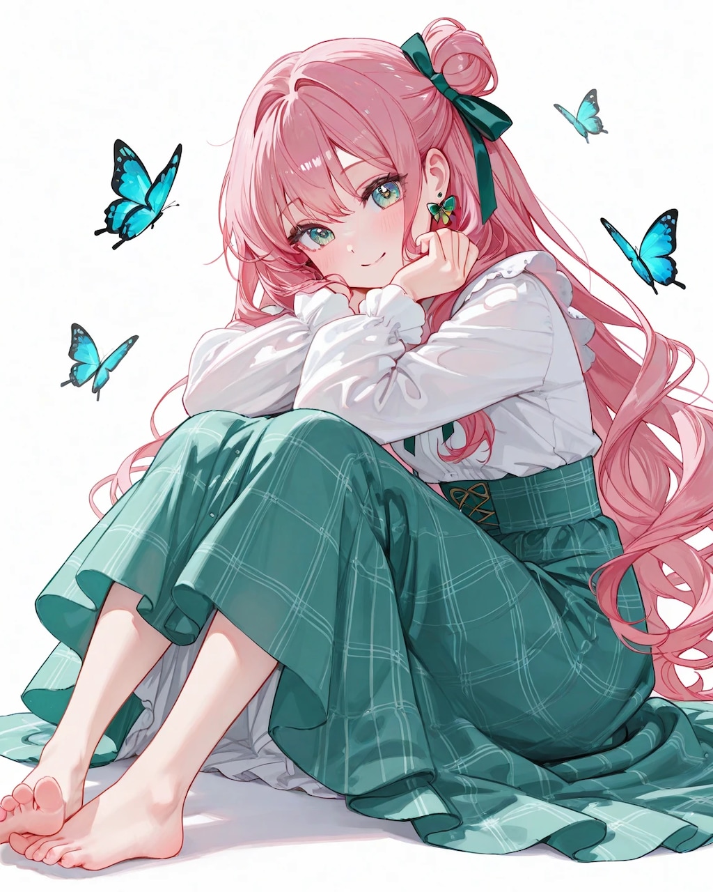 お団子×チェック柄ロングスカート