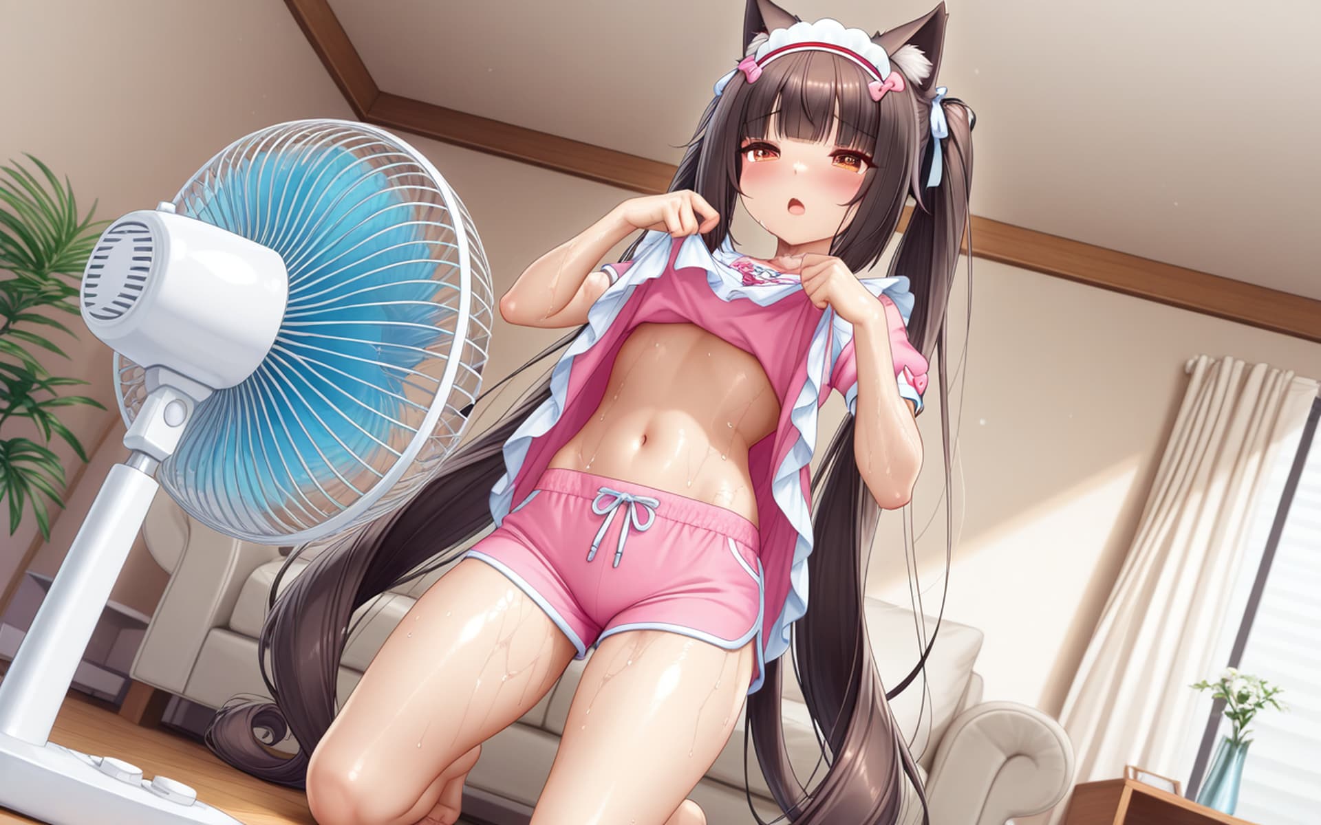 【ショコラ】扇風機独り占め