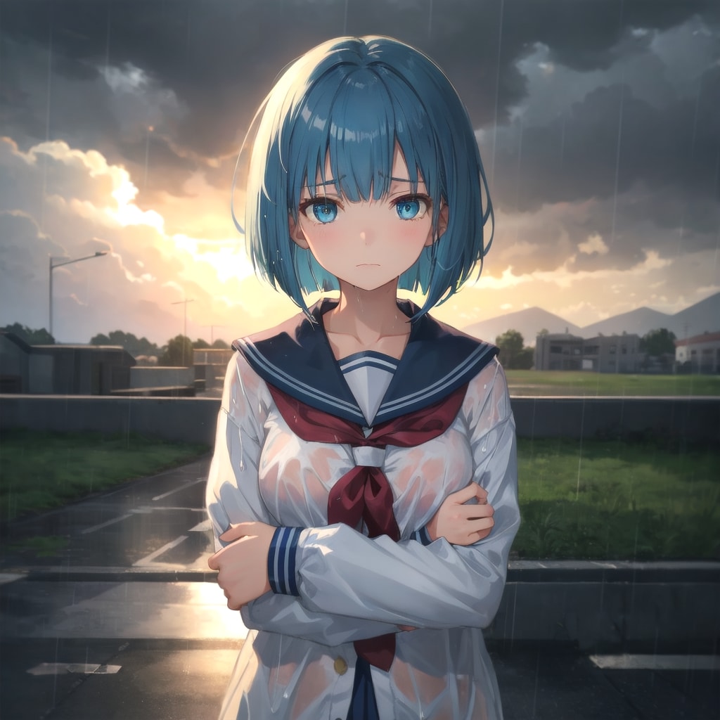 雨に打たれながらポツンと立つ