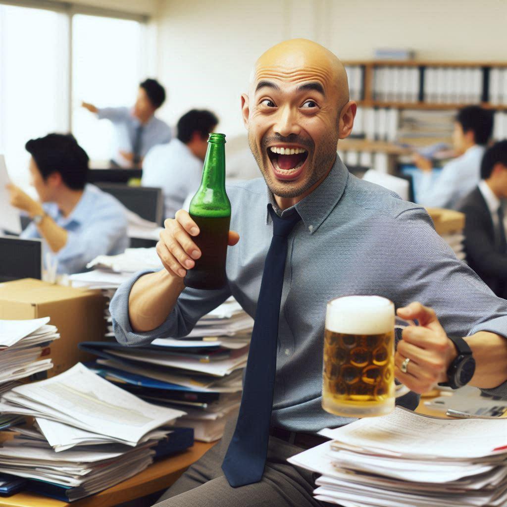 10単語で仕事中にサボってビール飲むハゲ部長