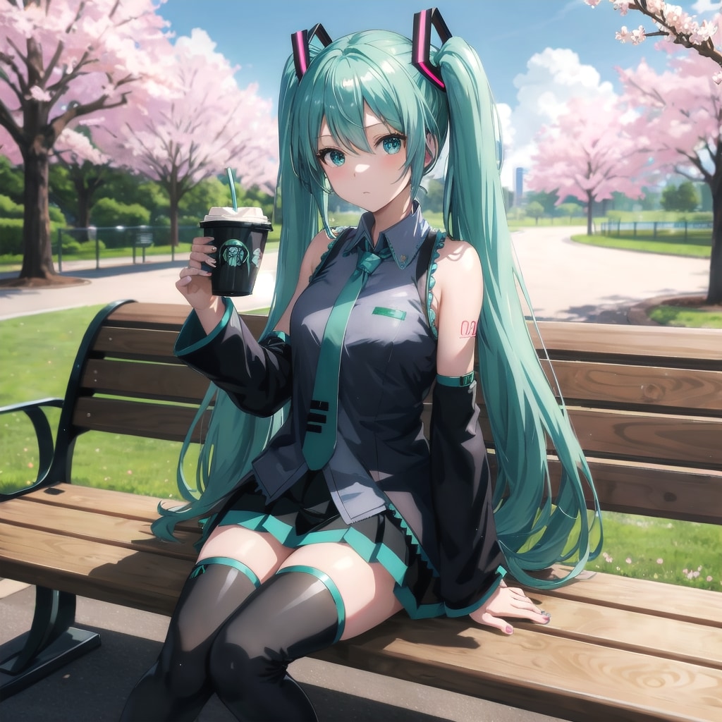 公園ベンチでコーヒーを飲むミクさん | の人気AIイラスト・グラビア