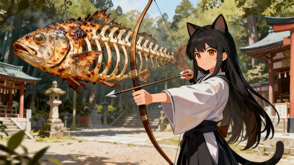 色々違うが焼きざかにゃを矢の代わりに使う弓使いさくらちゃん