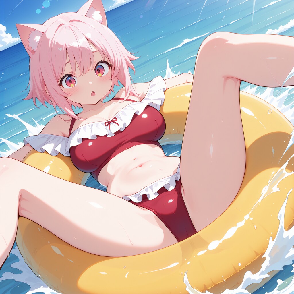 浮き輪の上でくつろぐ猫耳さん