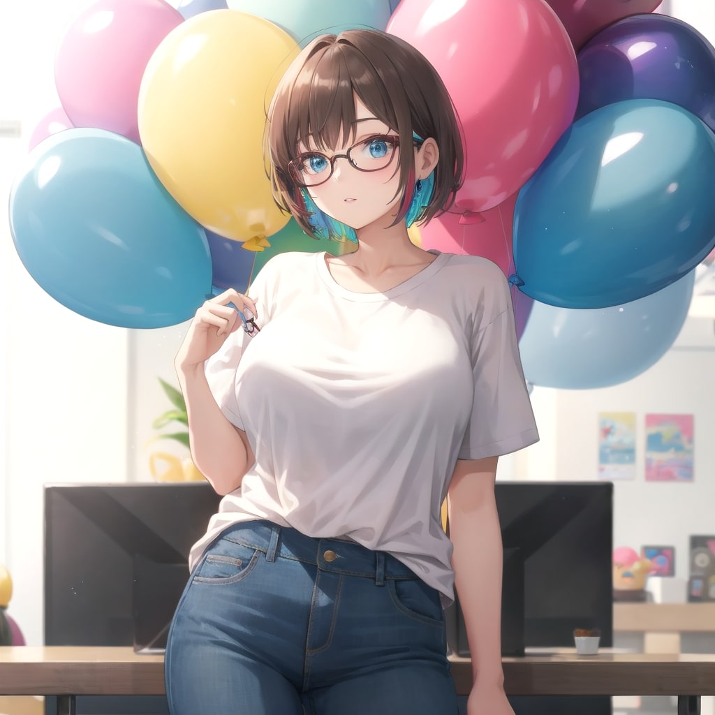 いっぱい色とりどりの風船を持つブラウンショートカットのメガネかけた白いTシャツジーパン着た美女