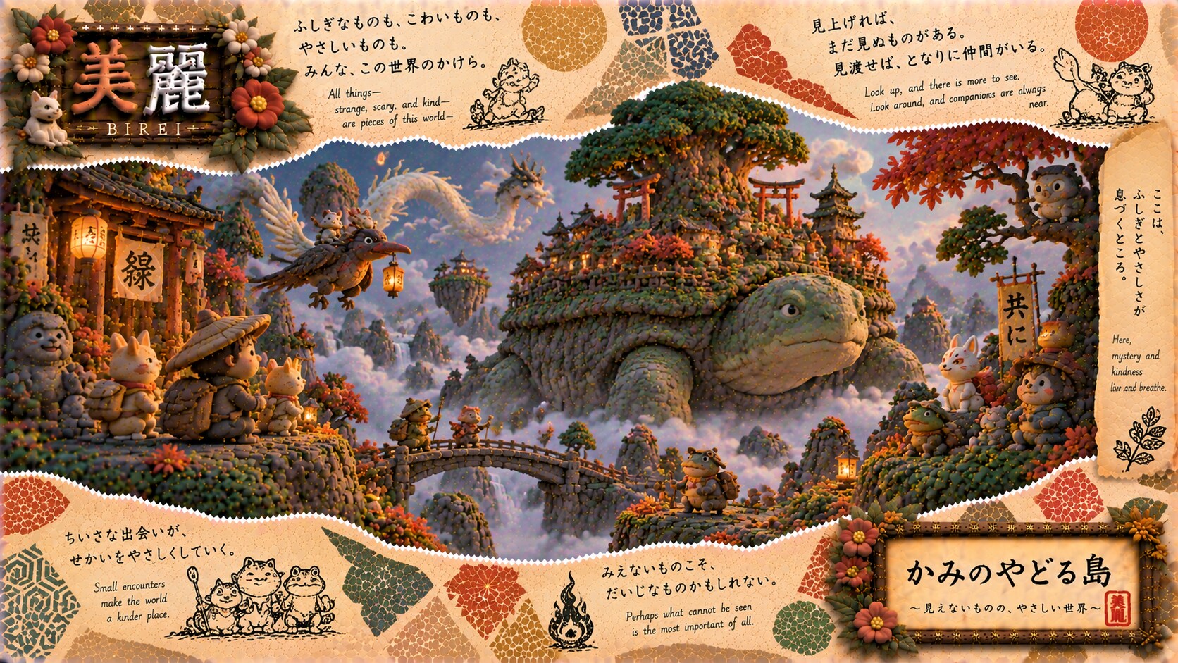 A whole village living on the back of a giant turtle, dragon coiling through the clouds above.  All | の人気AIイラスト・グラビア