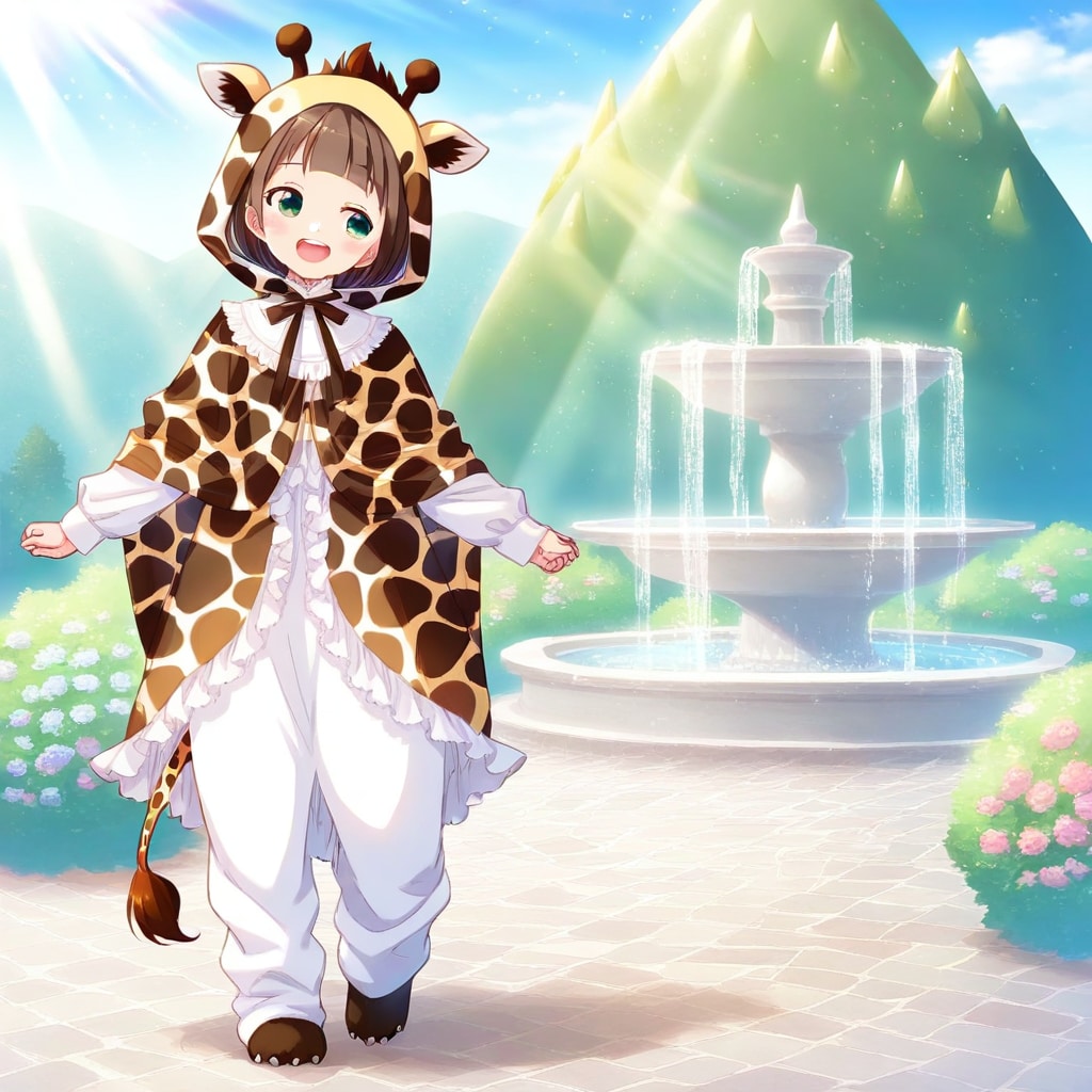 公園の噴水とキリン着ぐるみちび子ちゃん