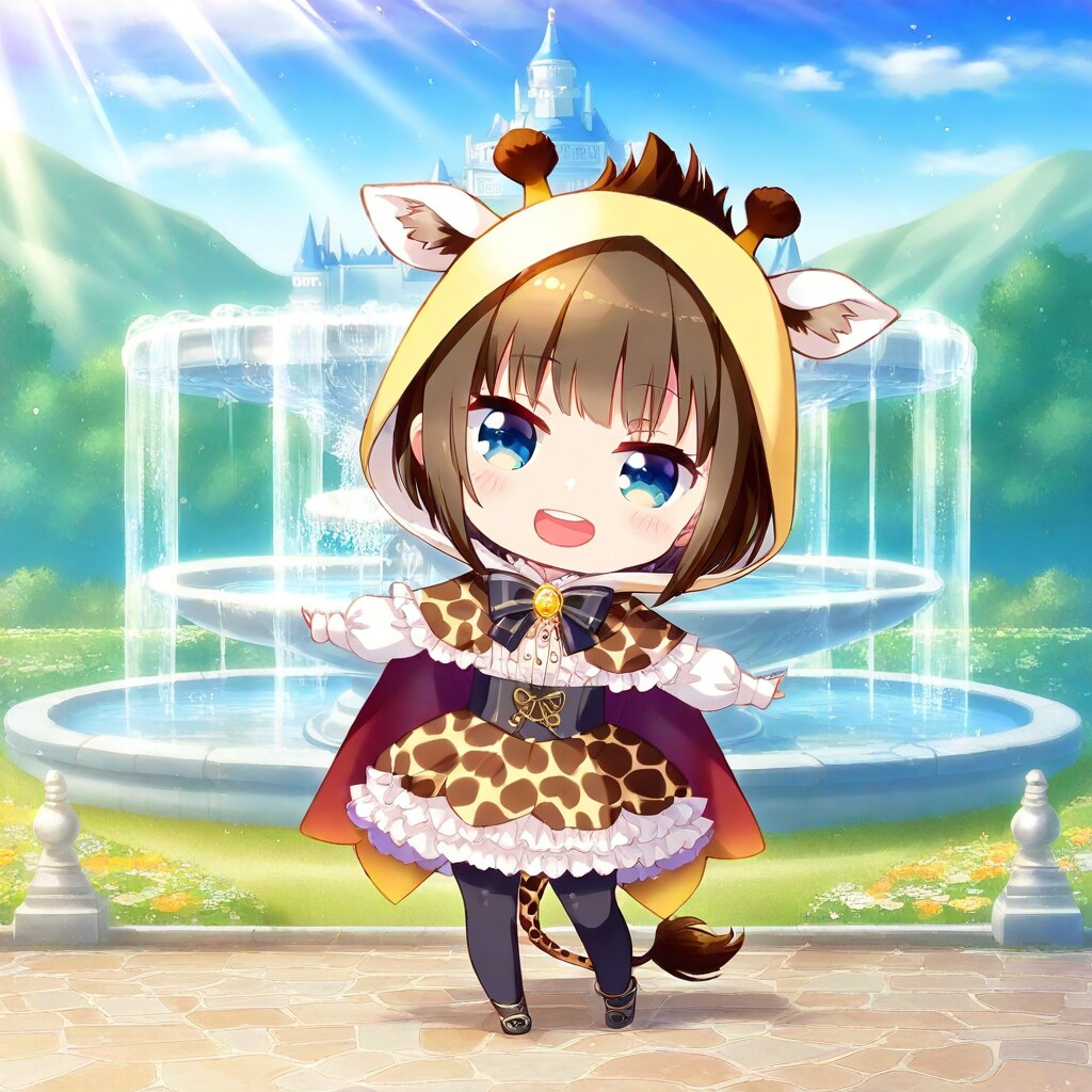 公園の噴水とキリン着ぐるみちび子ちゃん