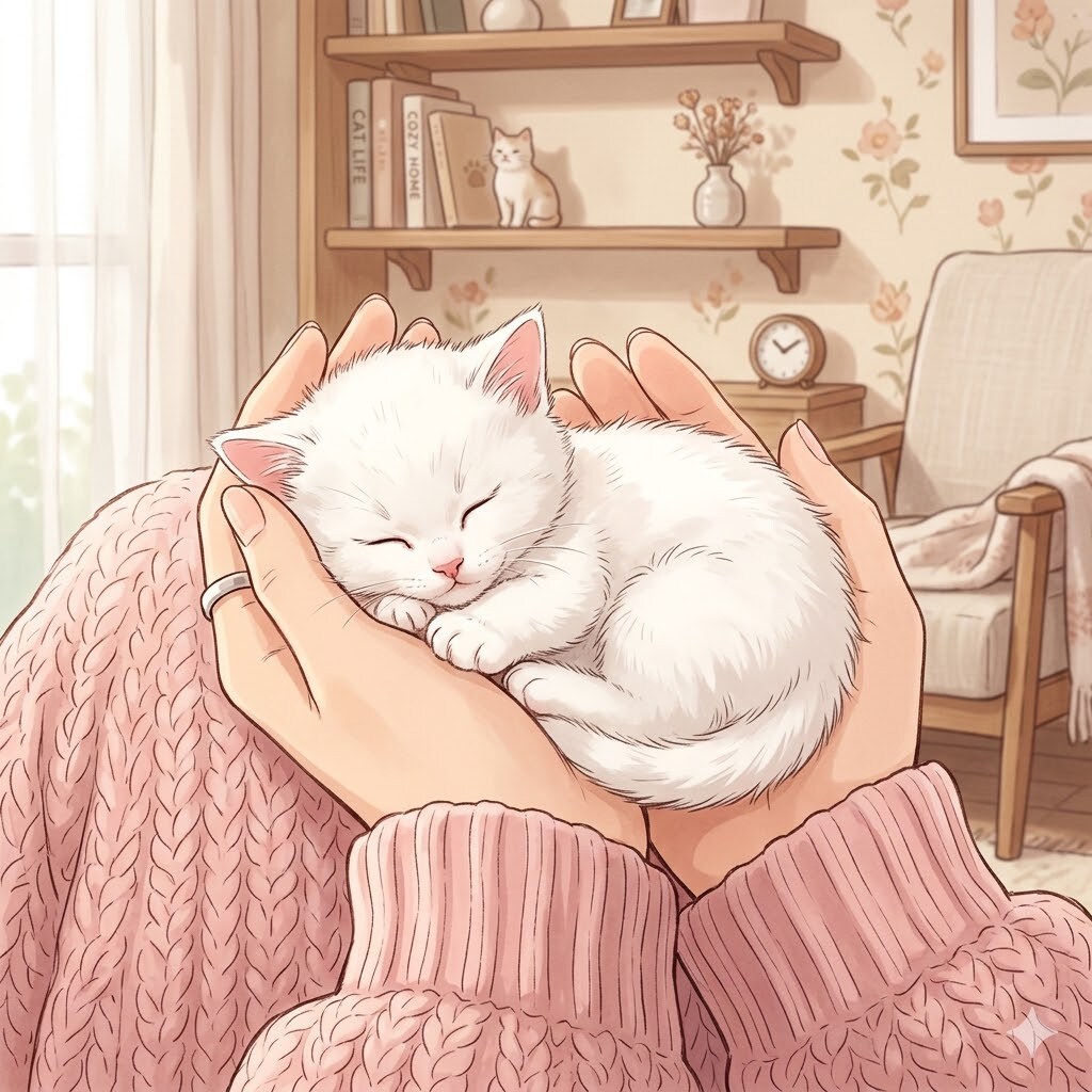 女性の手の平で寝ている猫