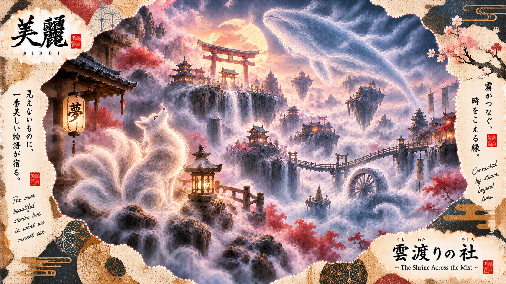 The Shrine Across the Mist, a mist-formed fox calling toward a moonlit torii and floating islands be | の人気AIイラスト・グラビア
