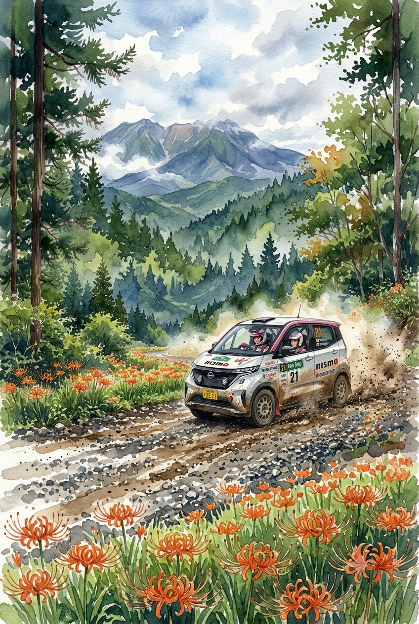 日産サクラ爆走（御岳山が見える）