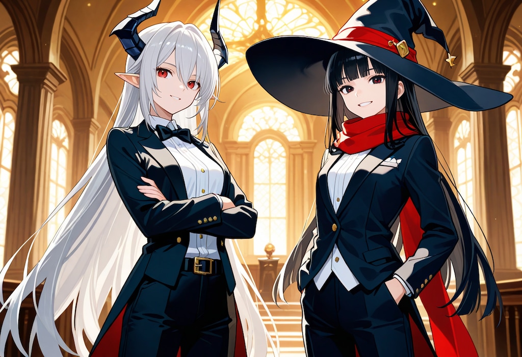 タキシード姿の銀髪竜姫と魔女