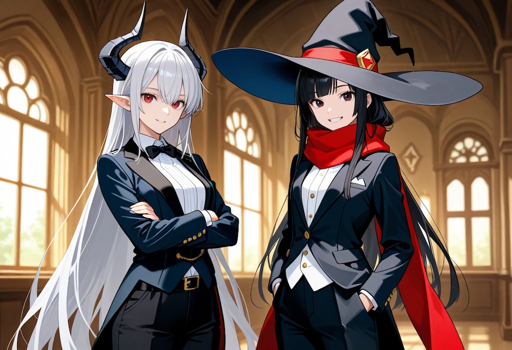 タキシード姿の銀髪竜姫と魔女