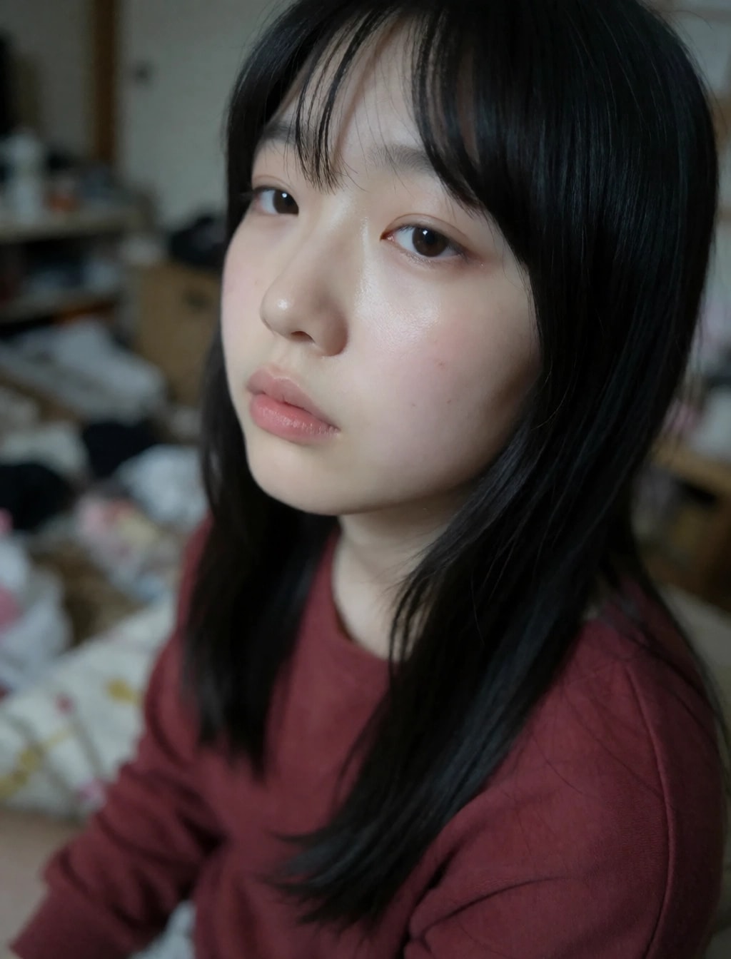 散らかった部屋のスッピンっ娘