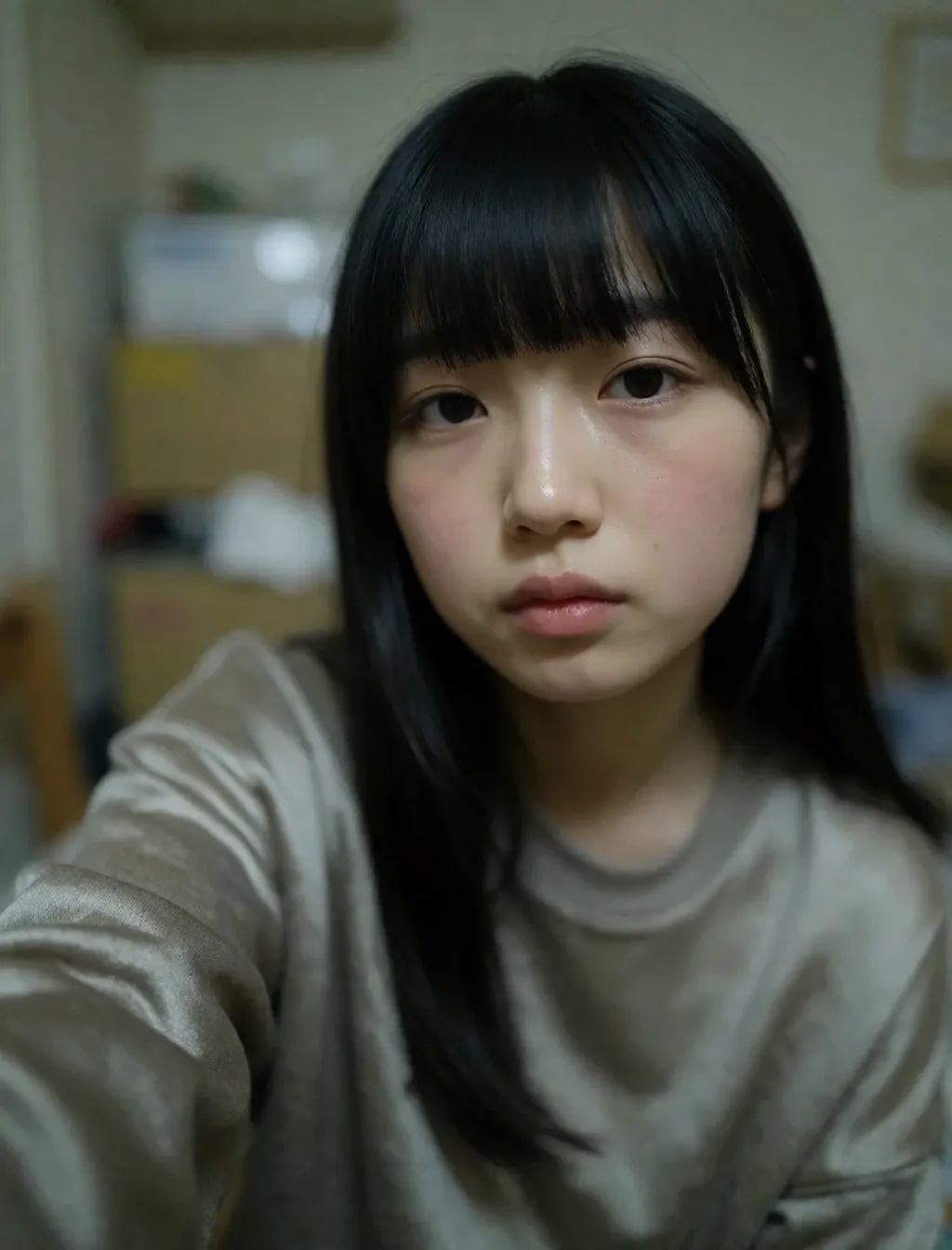 散らかった部屋のスッピンっ娘