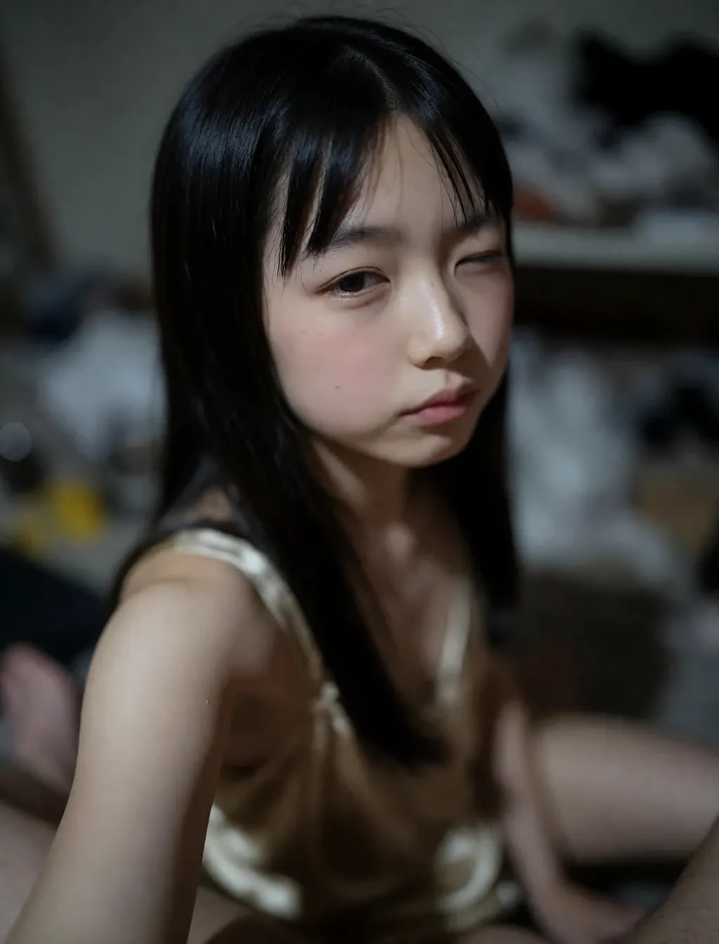散らかった部屋のスッピンっ娘