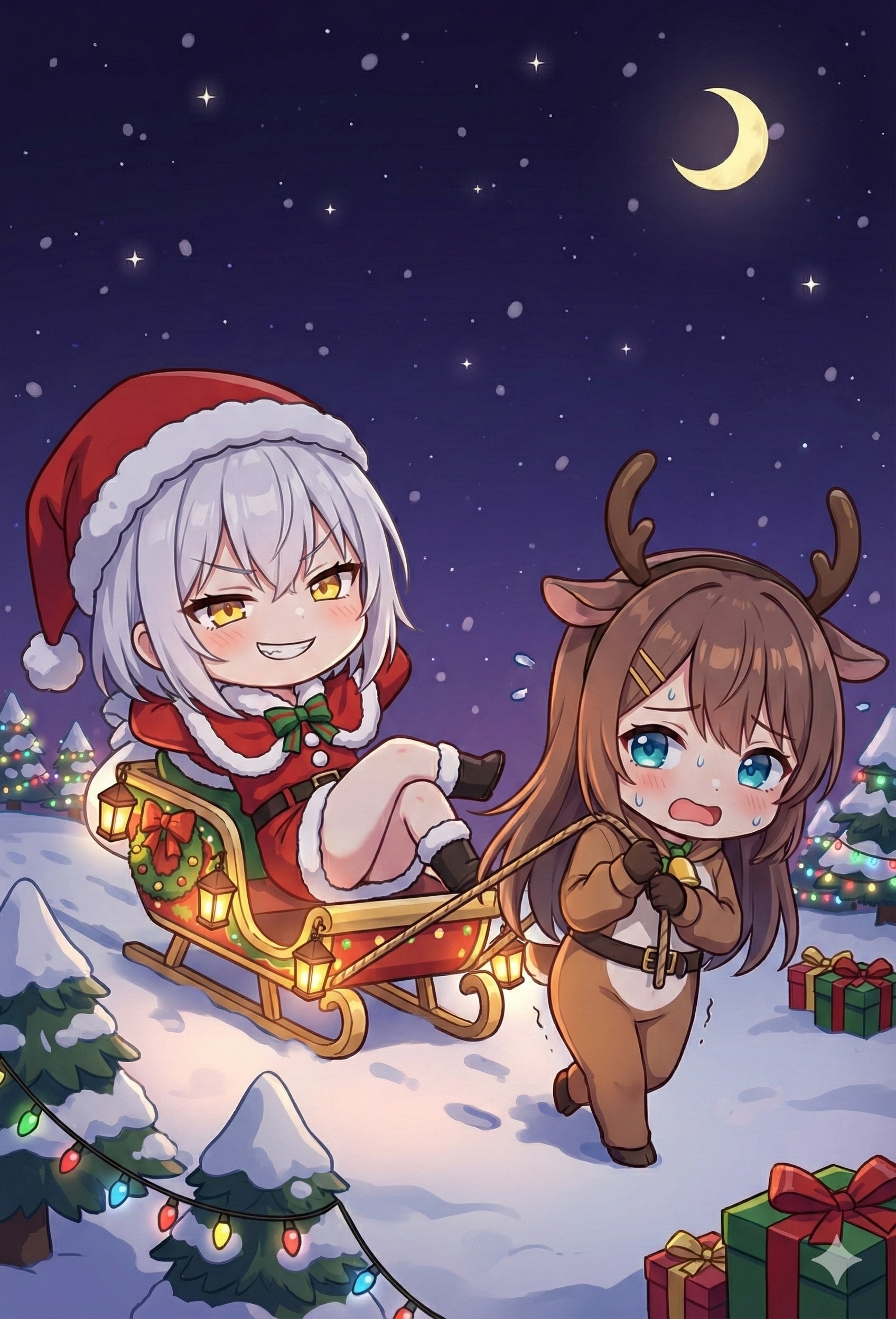 「ほら、トナカイちゃん！そんなにノロノロしてると夜が明けちゃうよ？子供がプレゼントを待ってるんだからしっかり！」「プレゼントでソリが重いんだって…偉そうにしないでよ～」 | の人気AIイラスト・グラビア