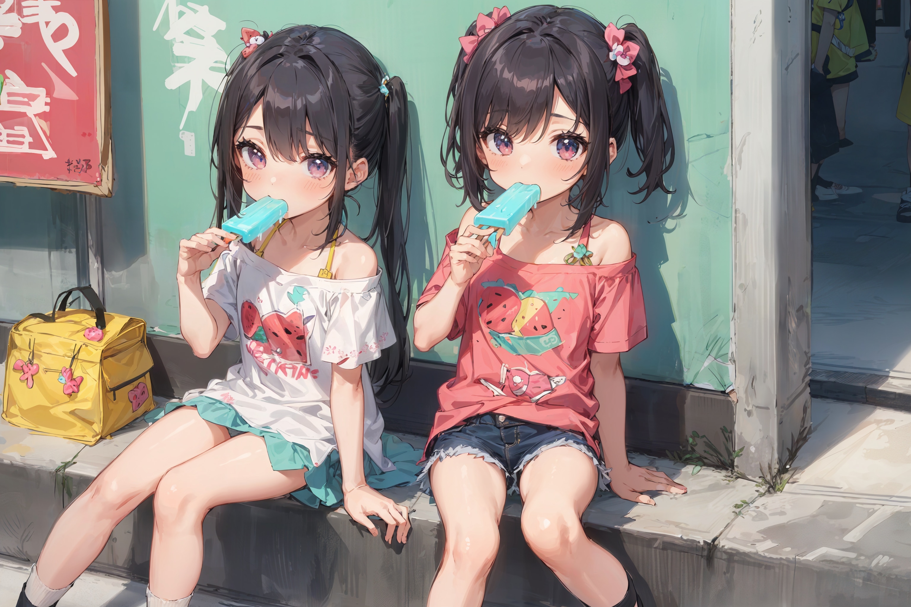 アイスを食べながら街を散策する双子ちゃん達