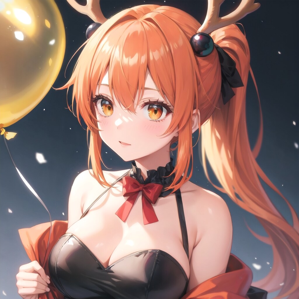 風船を持つオレンジ髪ポニーテールのトナカイコスチューム着た美女。 | の人気AIイラスト・グラビア