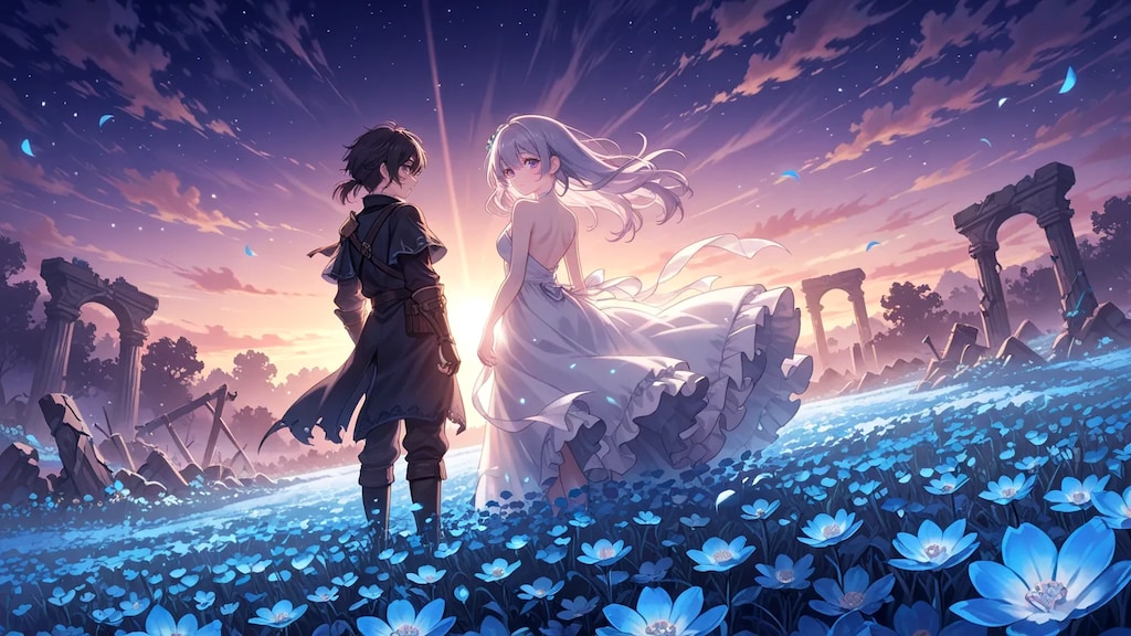 夕日に染まった花が咲き誇る丘