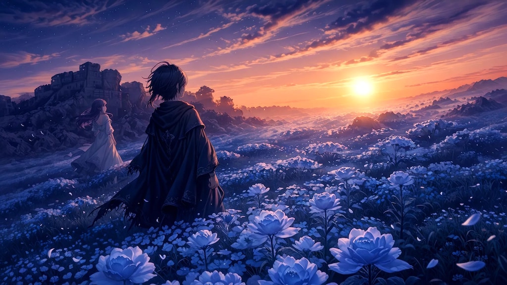 夕日に染まった花が咲き誇る丘