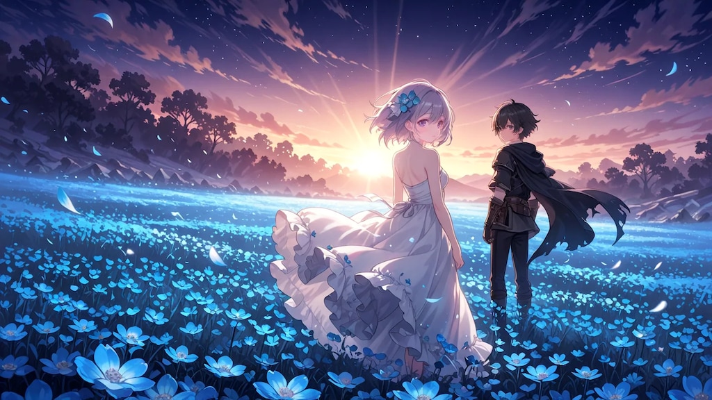 夕日に染まった花が咲き誇る丘