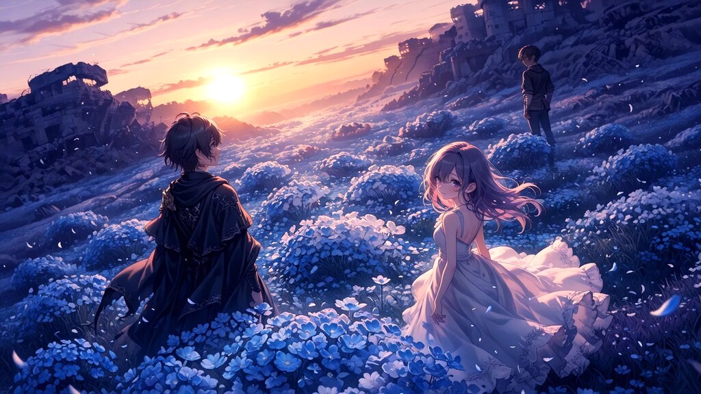 夕日に染まった花が咲き誇る丘