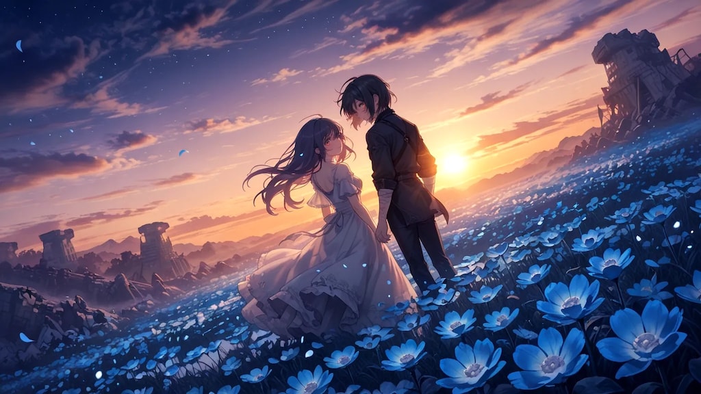 夕日に染まった花が咲き誇る丘