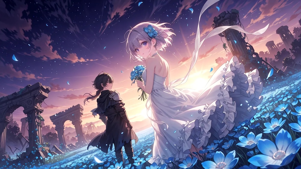 夕日に染まった花が咲き誇る丘