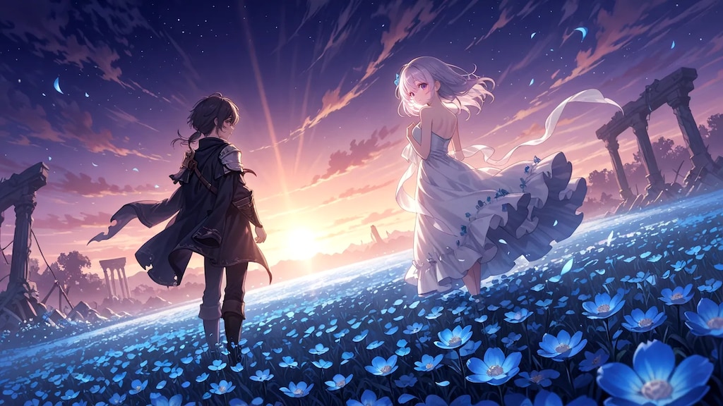 夕日に染まった花が咲き誇る丘