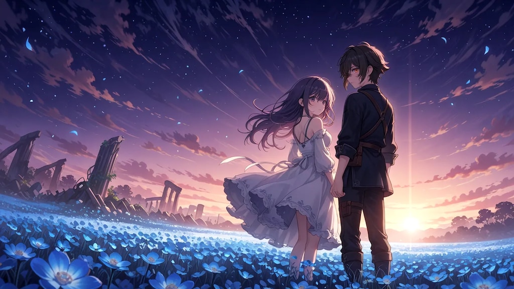 夕日に染まった花が咲き誇る丘