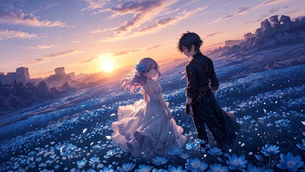 夕日に染まった花が咲き誇る丘