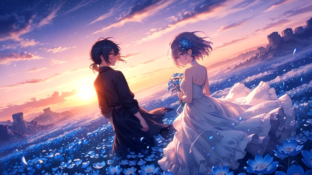 夕日に染まった花が咲き誇る丘