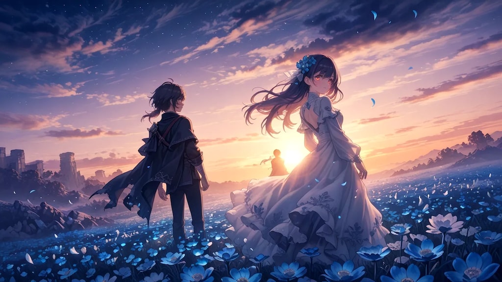 夕日に染まった花が咲き誇る丘