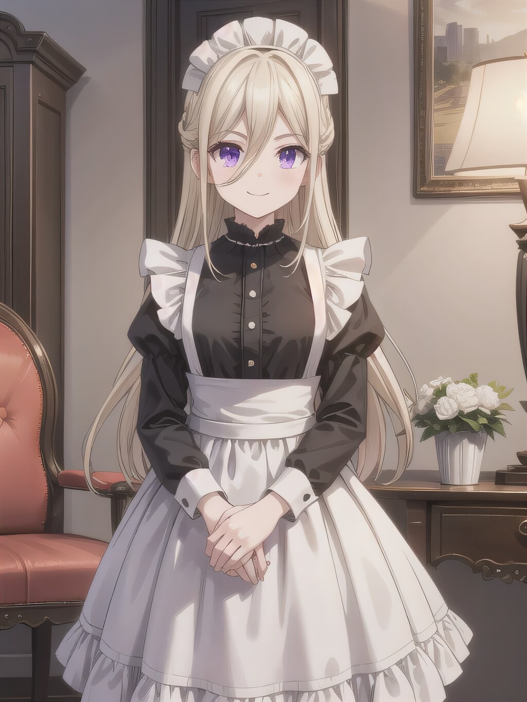 白髪ロングでメイド服の少女