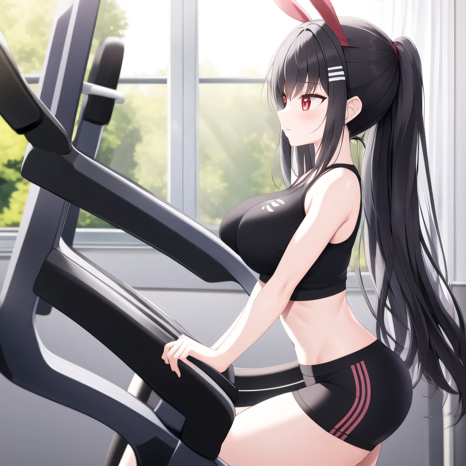 黒髪ポニテでエアロバイクの少女６ | の人気AIイラスト・グラビア